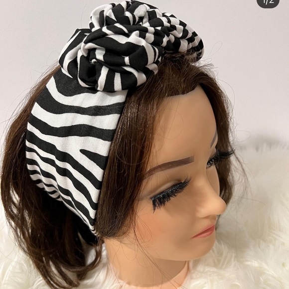 Headband zebra print fabric costumade black white color - Picture 2 of 5